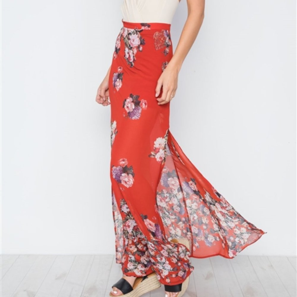 Bohemian Vacation Red Floral Side Slit Maxi Skirt
